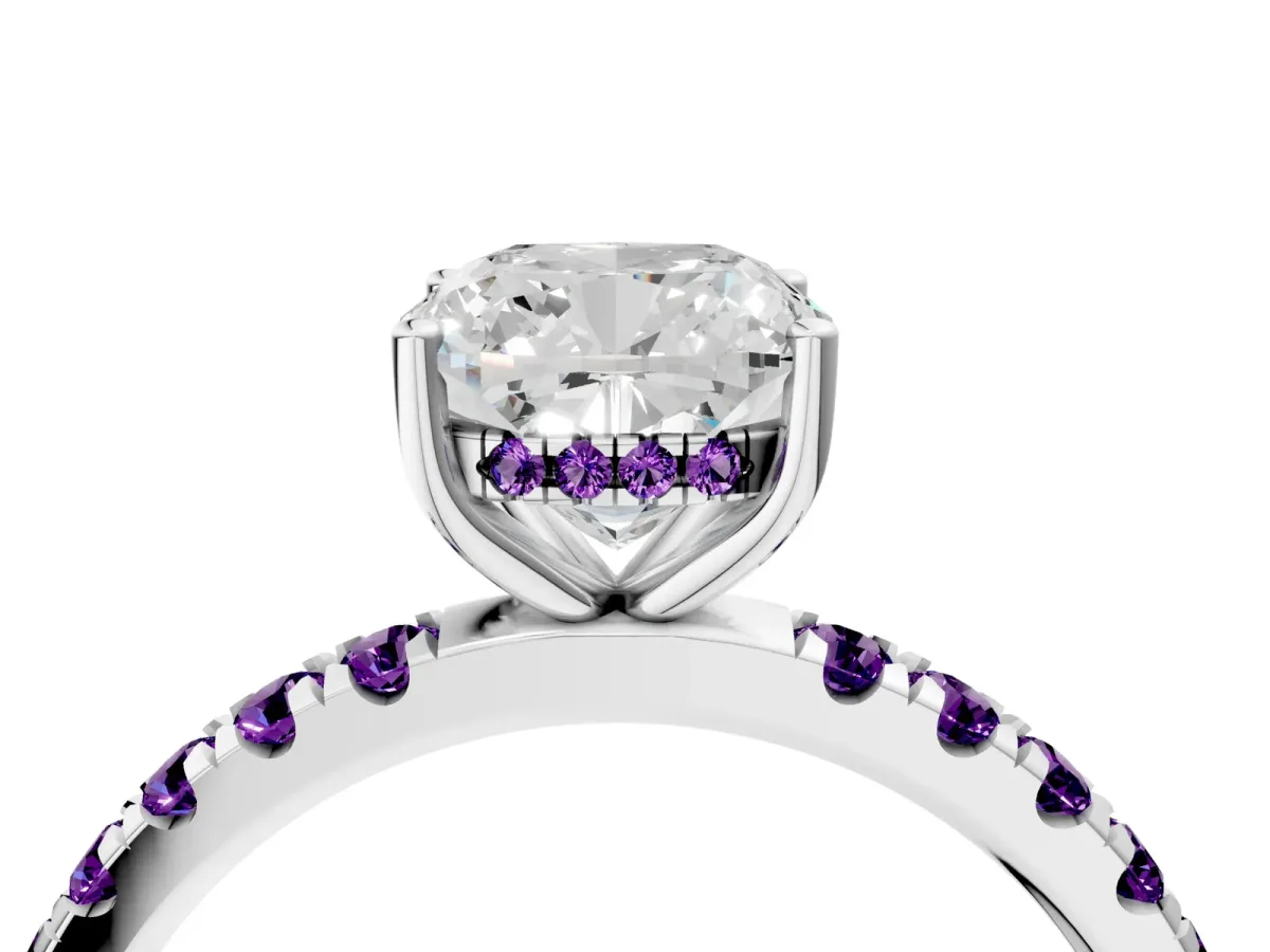 Cushion Cut Diamond Pave Band Solitaire Ring with Round Amethyst and Prong Setting White gold