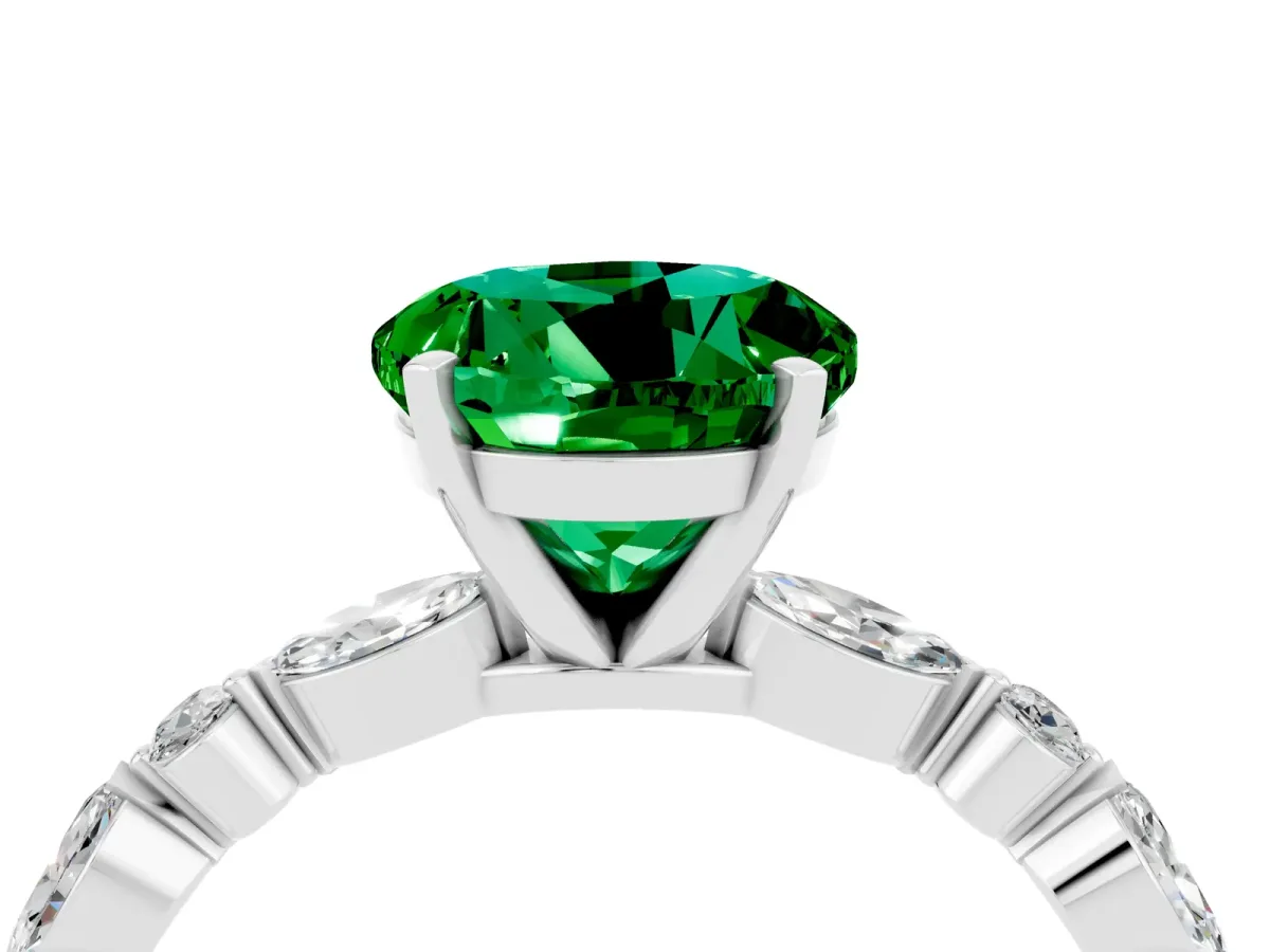 Round Cut Emerald Ring with Marquise and Round Side Stones and Four-Prong Setting Silver