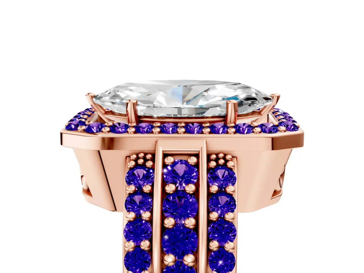 Marquise Cut Halo Diamond Ring with Round Tanzanite Split Shank and Prong Setting Rose gold