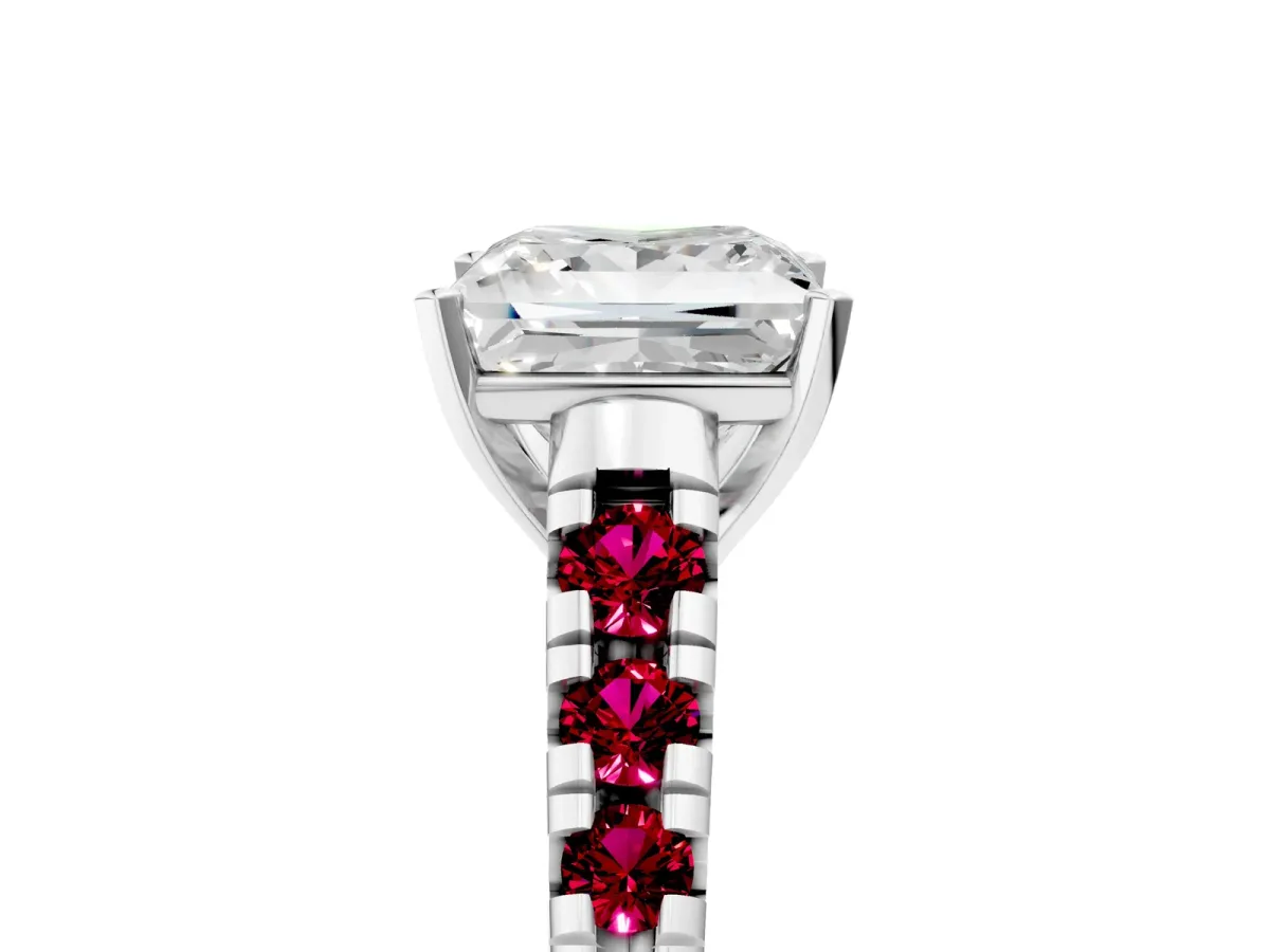 Princess Cut Diamond Cathedral Solitaire Ring with Round Garnet Pavé Band Silver