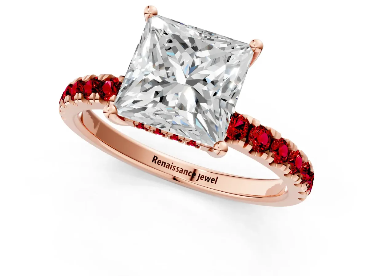 Princess Cut Diamond Pave Band Solitaire Ring with Round Ruby and Prong Setting Rose gold