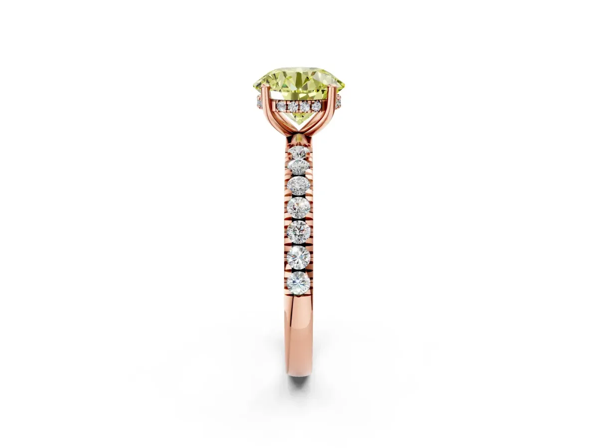 Fancy Yellow Round Cut Diamond Pave Band Solitaire Ring with Round and Prong Setting Rose gold