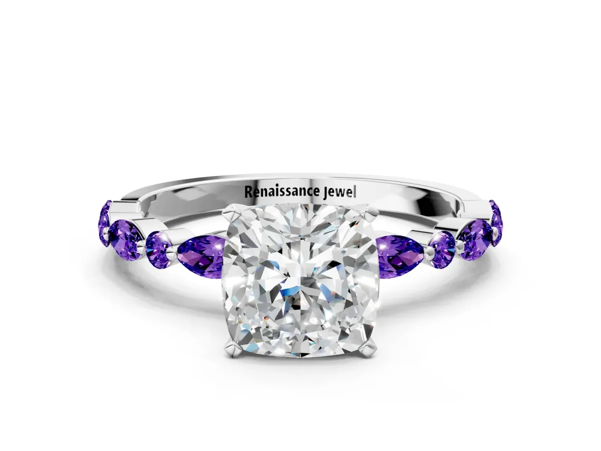 Cushion Cut Diamond Ring with Marquise and Round Tanzanite Side Stones and Four-Prong Setting Silver
