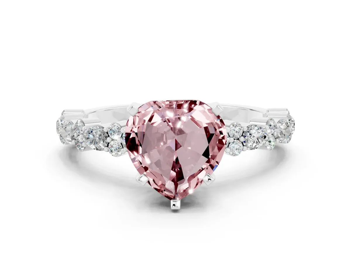 Heart Cut Morganite Side Stone Solitaire Ring with Round and Four-Prong Setting Silver