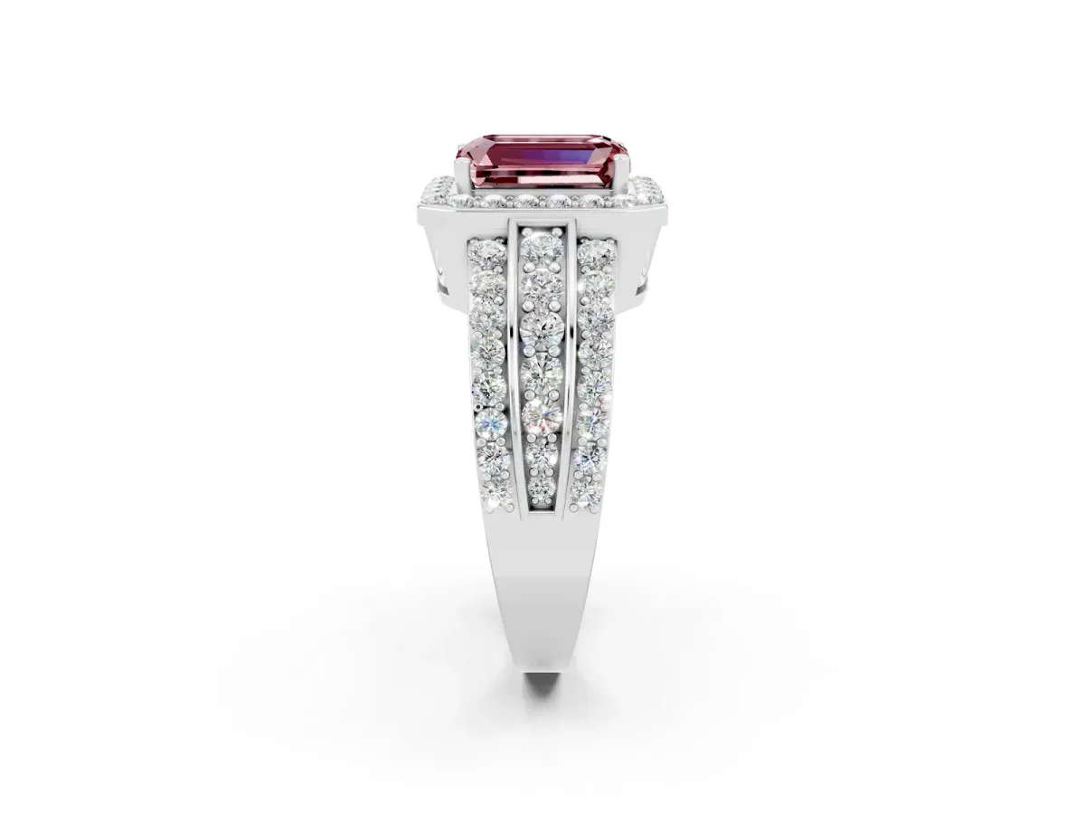 Emerald Cut Halo Morganite Ring with Round Split Shank and Prong Setting White gold