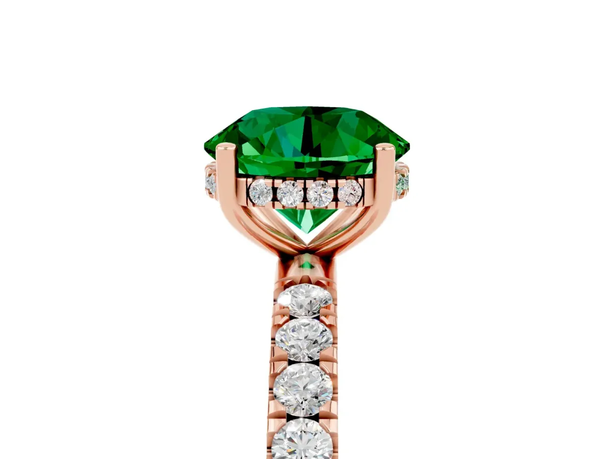 Round Cut Emerald Pave Band Solitaire Ring with Round and Prong Setting Rose gold