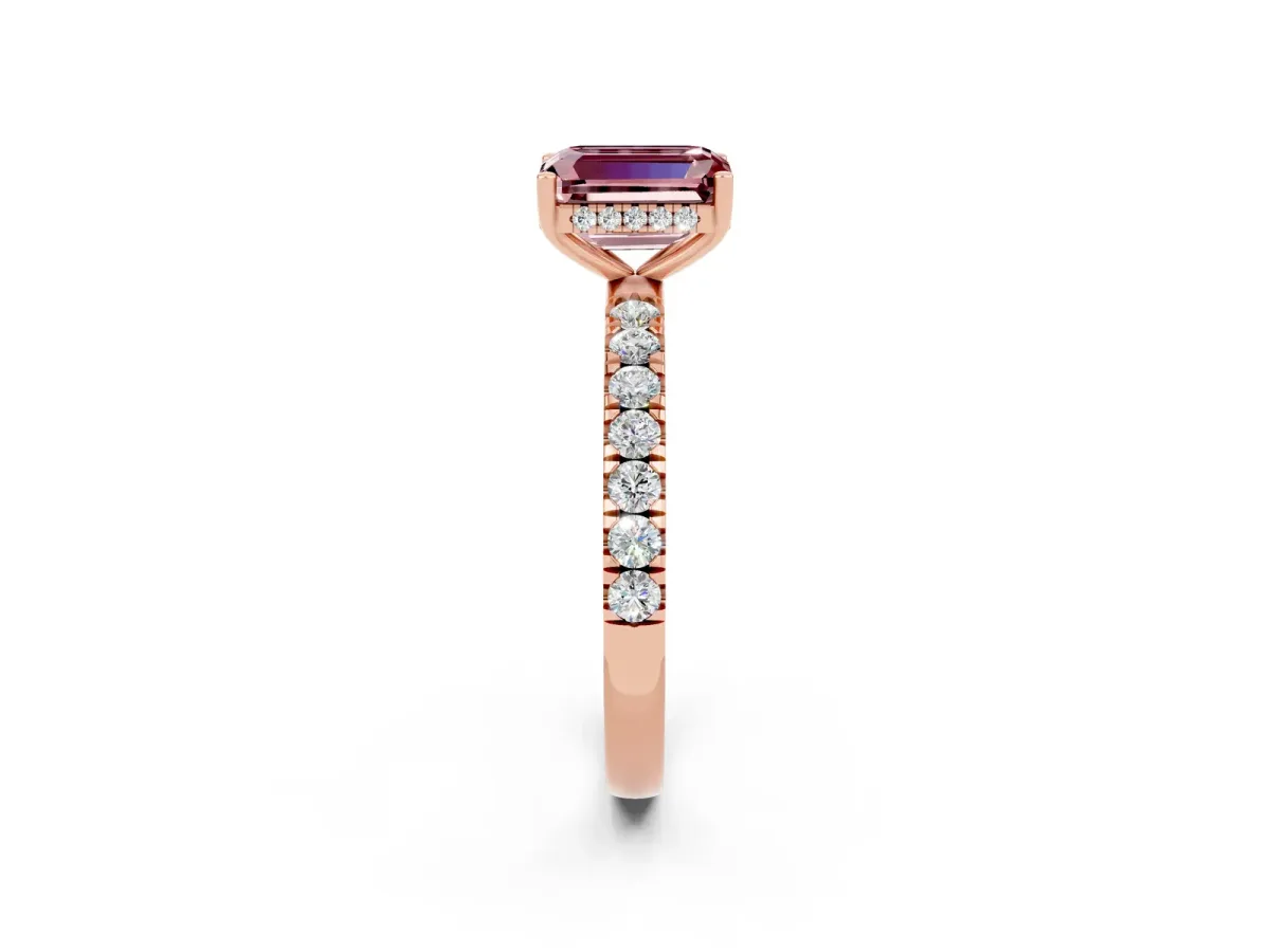 Emerald Cut Morganite Pave Band Solitaire Ring with Round and Prong Setting Rose gold