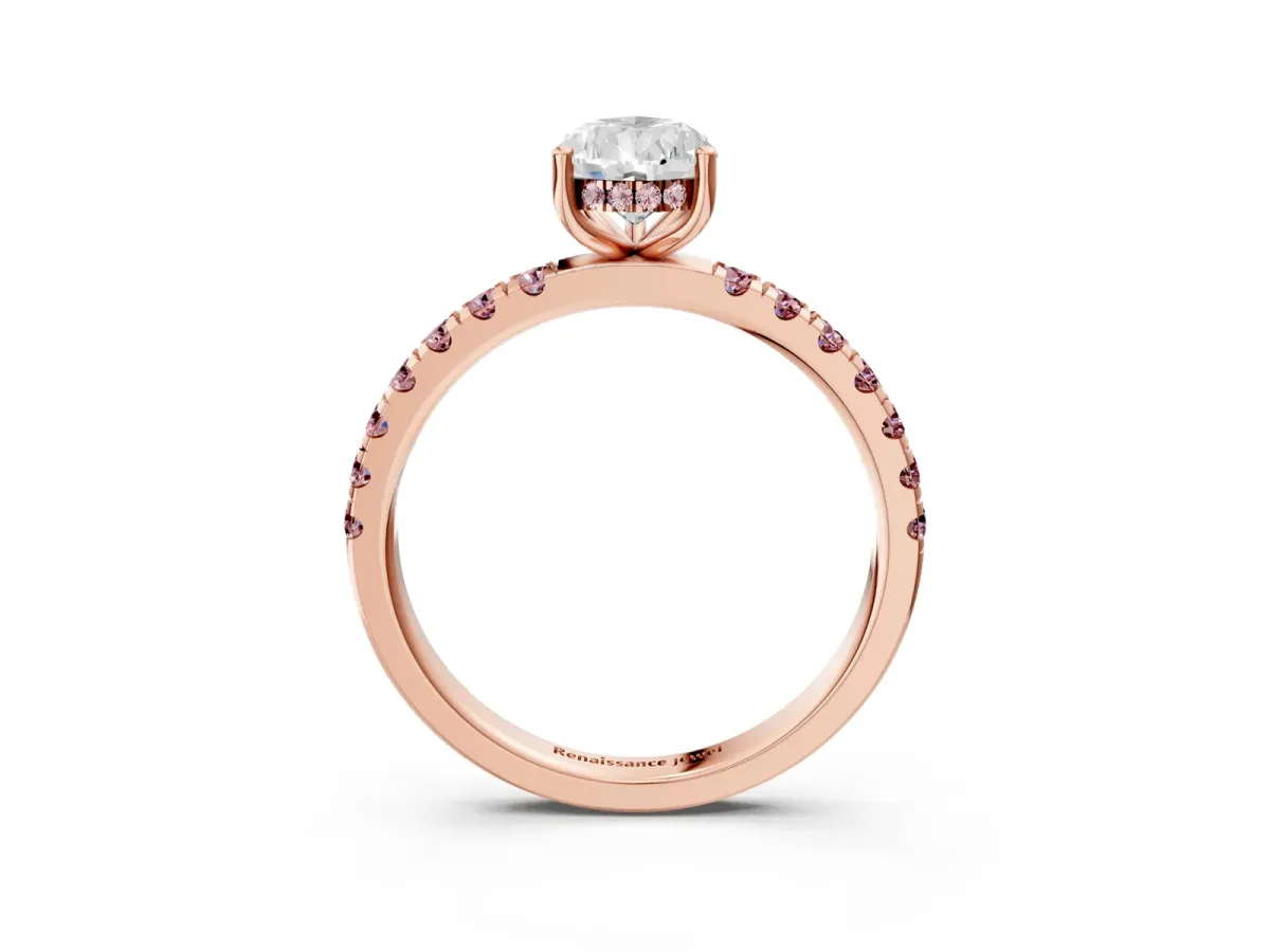 Pear Cut Diamond Pave Band Solitaire Ring with Round Morganite and Prong Setting Rose gold