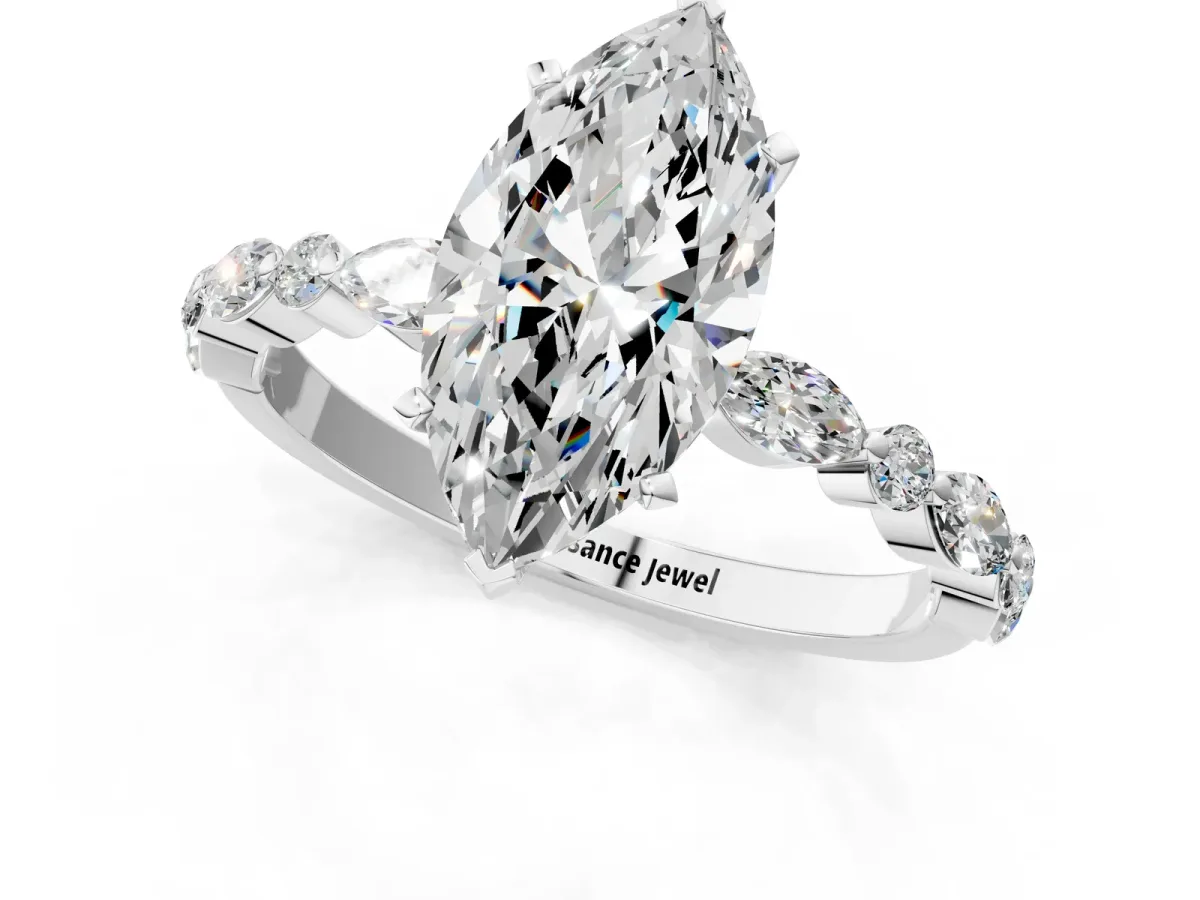 Marquise Cut Diamond Ring with Marquise and Round Side Stones and Four-Prong Setting Silver