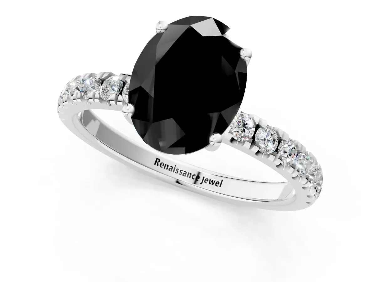 Fancy Black Oval Cut Diamond Pave Band Solitaire Ring with Round and Prong Setting Platinum