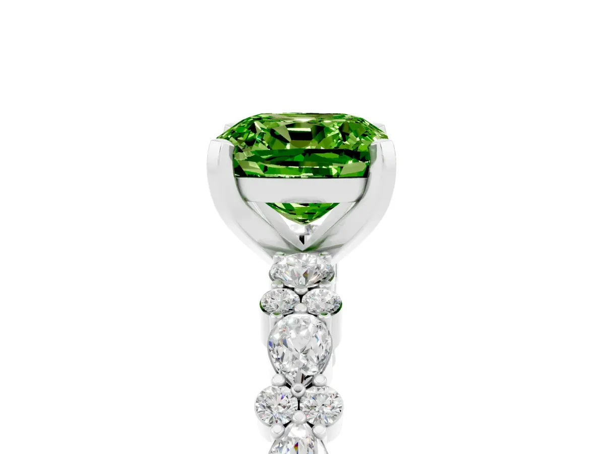 Cushion Cut Peridot Side Stone Solitaire Ring with Round and Four-Prong Setting Silver