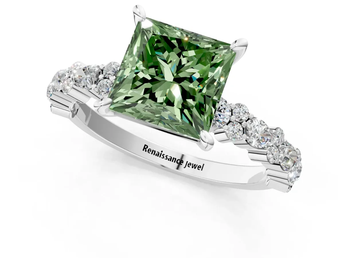 Fancy Green Princess Cut Diamond Side Stone Solitaire Ring with Round and Four-Prong Setting Platinum