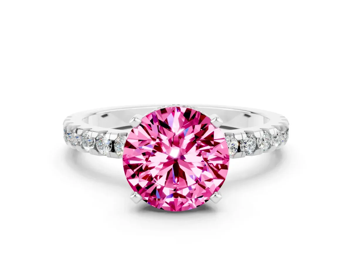 Round Cut Pink Sapphire Solitaire Ring with Round Pavé Band and Four-Prong Setting Platinum
