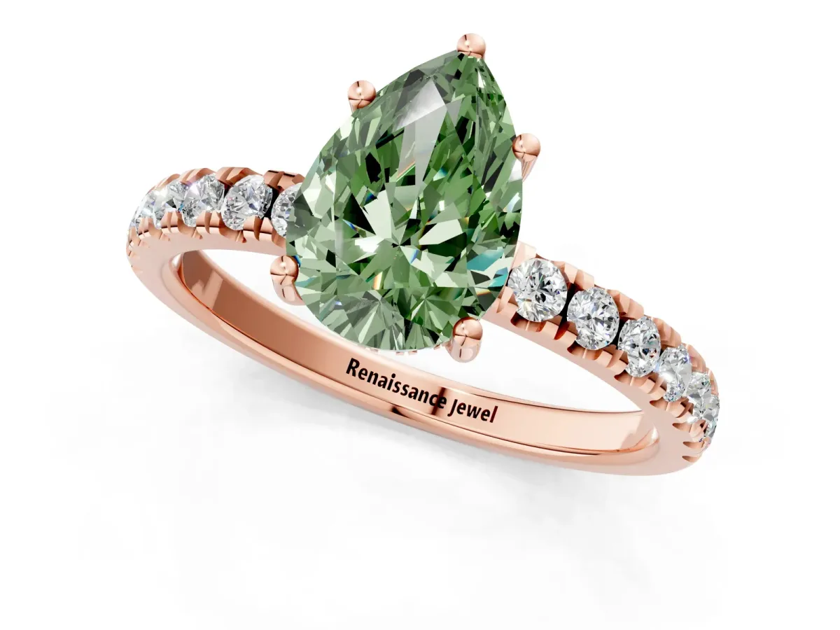 Fancy Green Pear Cut Diamond Pave Band Solitaire Ring with Round and Prong Setting Rose gold
