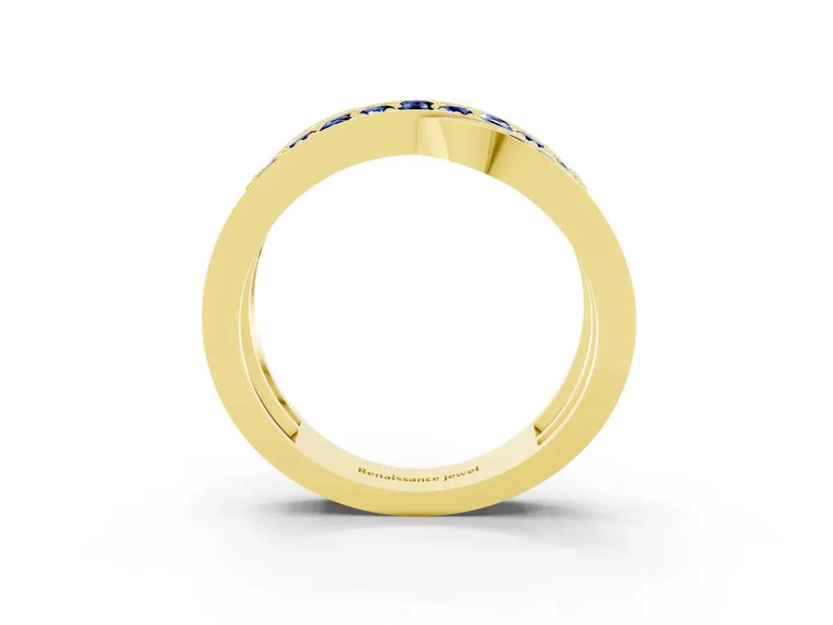 Pavé Round Blue Sapphire Crossover Band with Bead Prong Setting Yellow gold