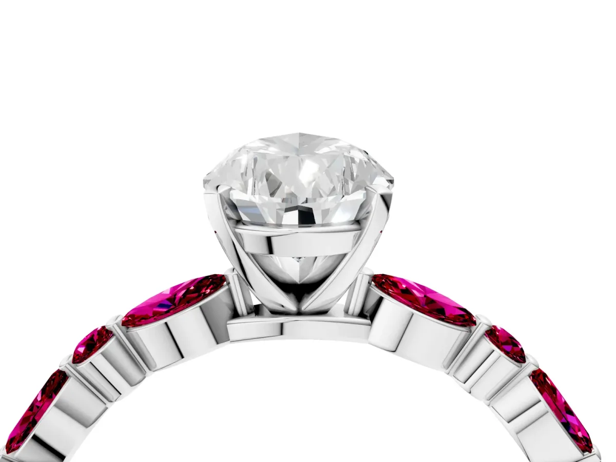 Pear Cut Diamond Ring with Marquise and Round Garnet Side Stones and Four-Prong Setting Silver