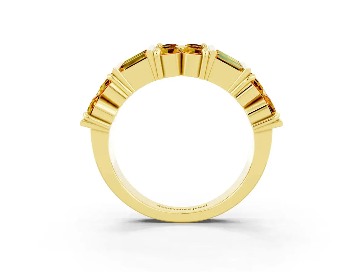 Channel Set Round and Baguette Citrine Anniversary Band with Prong Setting Yellow gold