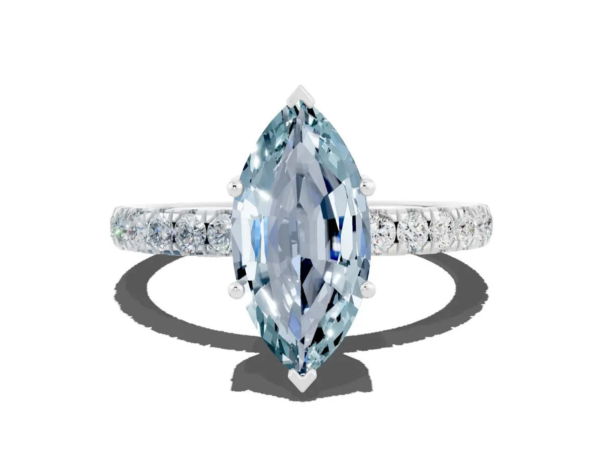 Marquise Cut Aquamarine Pave Band Solitaire Ring with Round and Prong Setting Silver