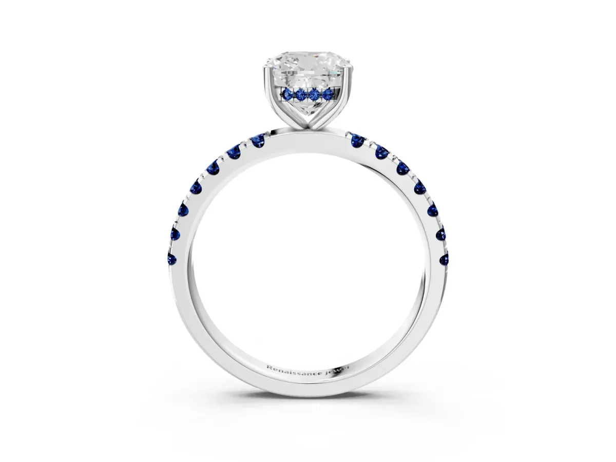 Cushion Cut Diamond Pave Band Solitaire Ring with Round Blue Sapphire and Prong Setting Platinum