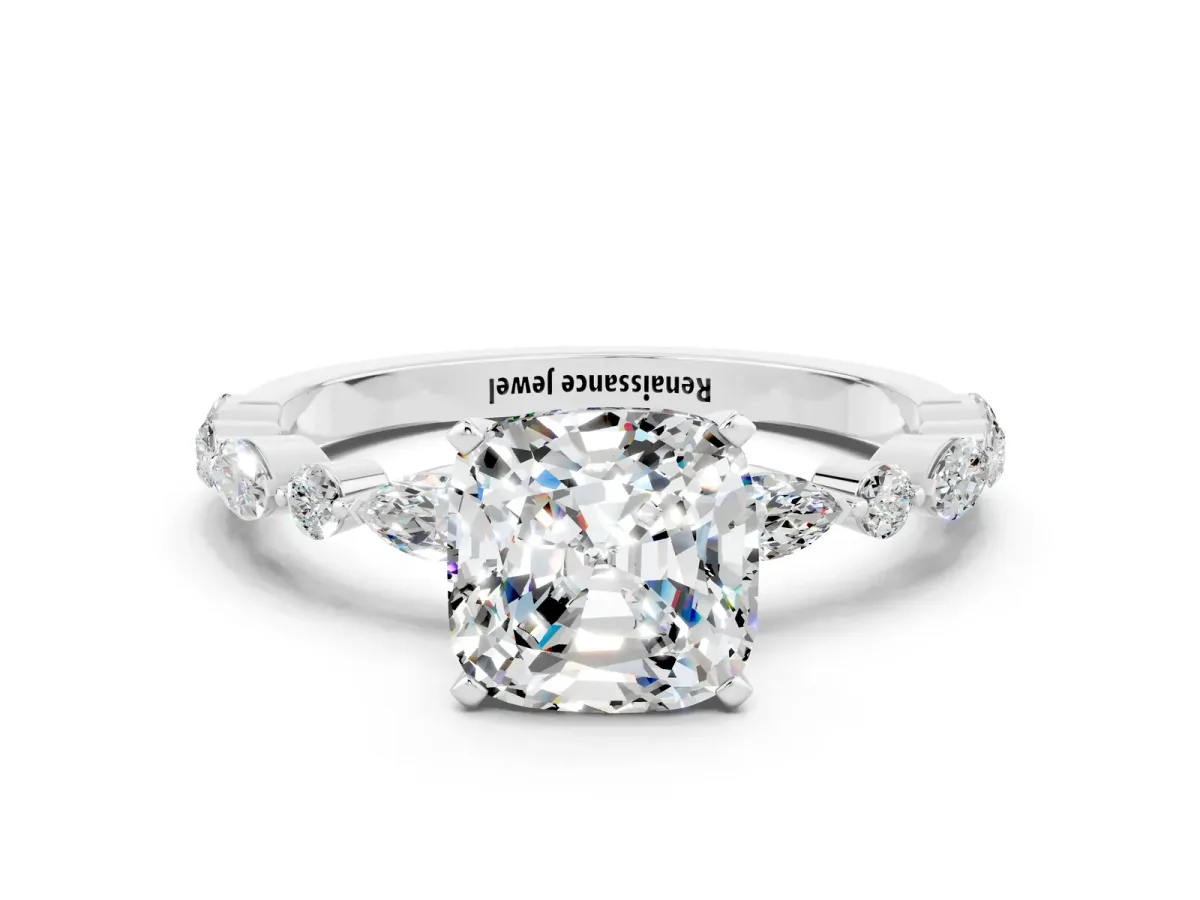 Cushion Cut Moissanite Ring with Marquise and Round Side Stones and Four-Prong Setting Silver