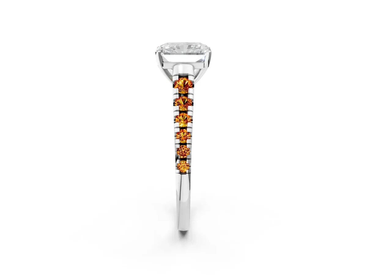 Radiant Cut Diamond Cathedral Solitaire Ring with Round Citrine Pavé Band Silver