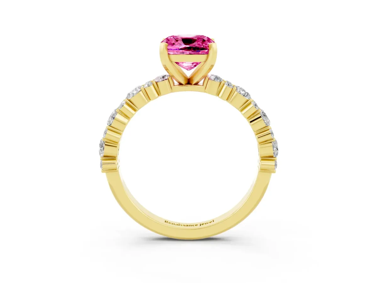 Cushion Cut Pink Sapphire Side Stone Solitaire Ring with Round and Four-Prong Setting Yellow gold