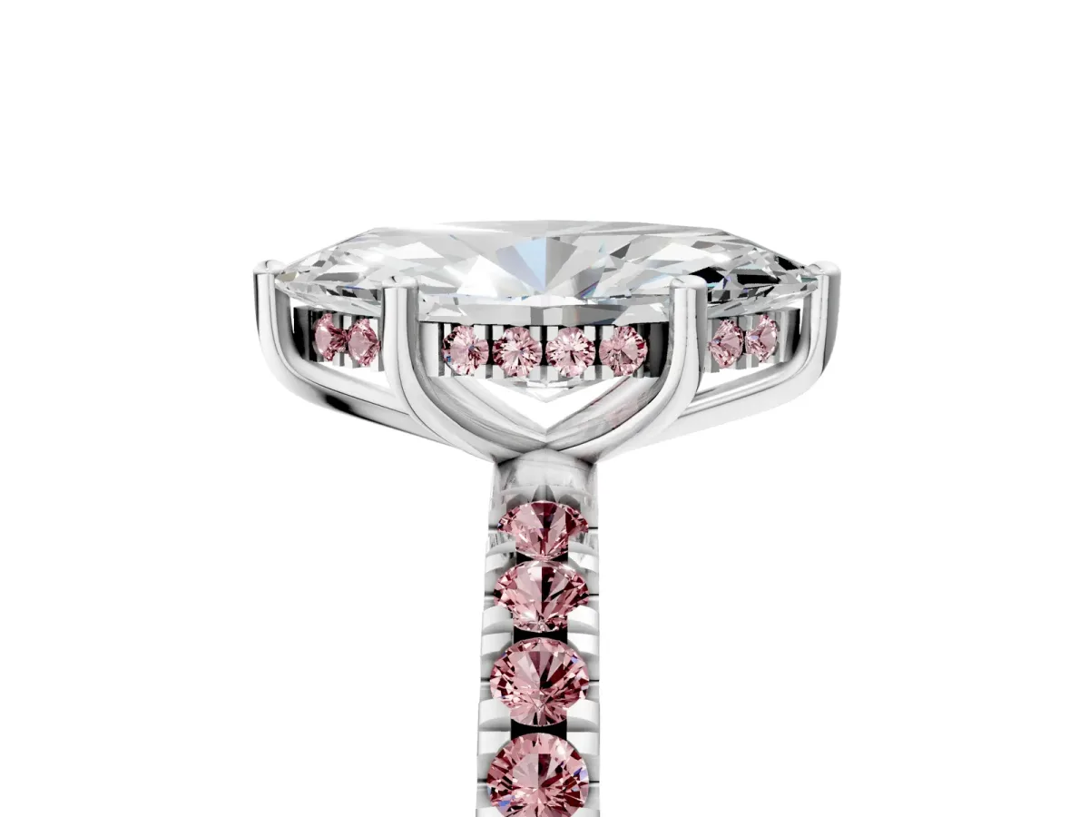 Marquise Cut Diamond Pave Band Solitaire Ring with Round Morganite and Prong Setting Platinum
