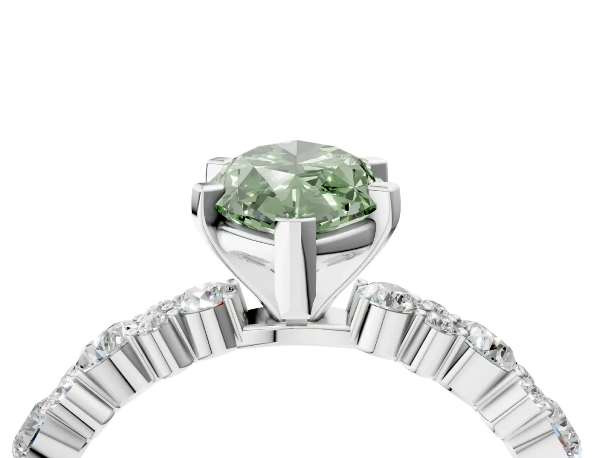 Fancy Green Marquise Cut Diamond Side Stone Solitaire Ring with Round and Four-Prong Setting White gold