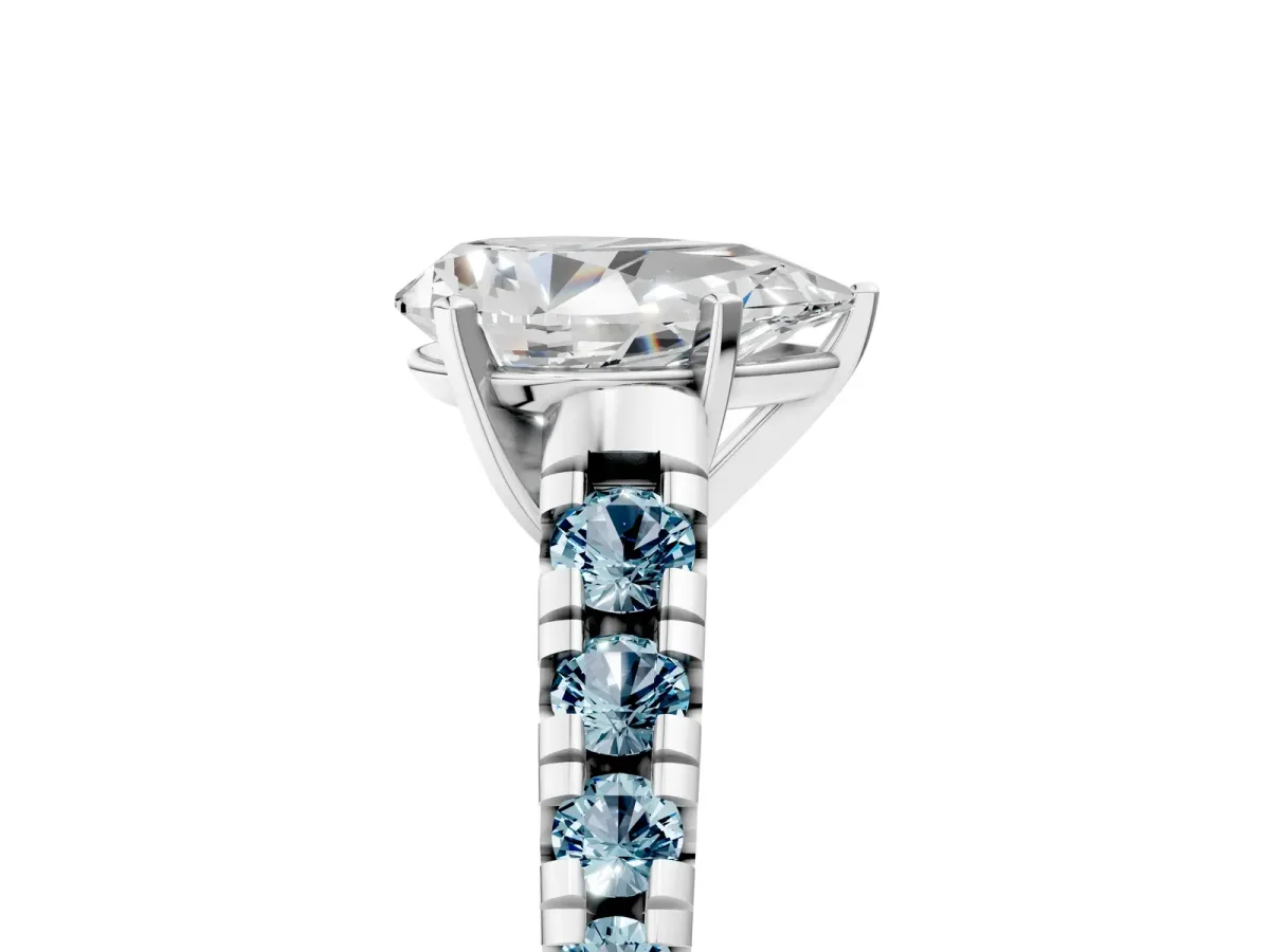 Pear Cut Diamond Cathedral Solitaire Ring with Round Aquamarine Pavé Band Platinum