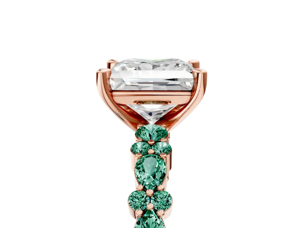 Princess Cut Diamond Side Stone Solitaire Ring with Round Green Sapphire and Four-Prong Setting Rose gold