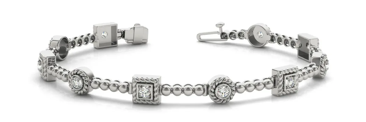 Round and Square Bezel Set Diamond Tennis Bracelet with Beaded Band White gold
