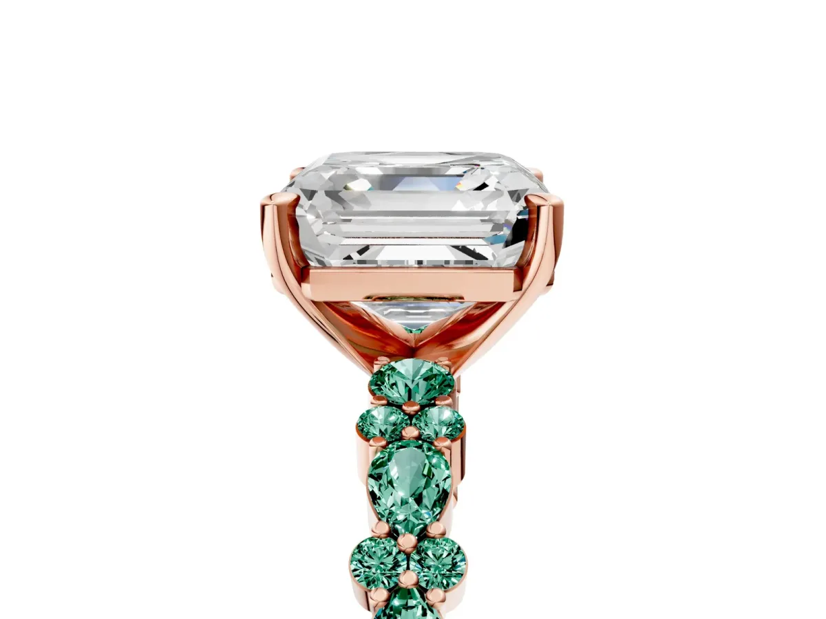Asscher Cut Diamond Side Stone Solitaire Ring with Round Green Sapphire and Four-Prong Setting Rose gold