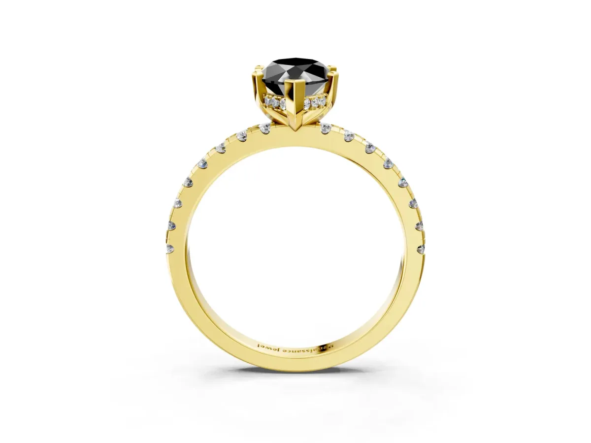 Fancy Black Marquise Cut Diamond Solitaire Ring with Round Pavé Band and Four-Prong Setting Yellow gold