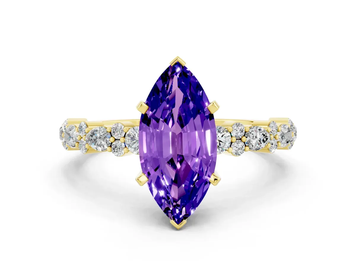 Marquise Cut Tanzanite Side Stone Solitaire Ring with Round and Four-Prong Setting Yellow gold