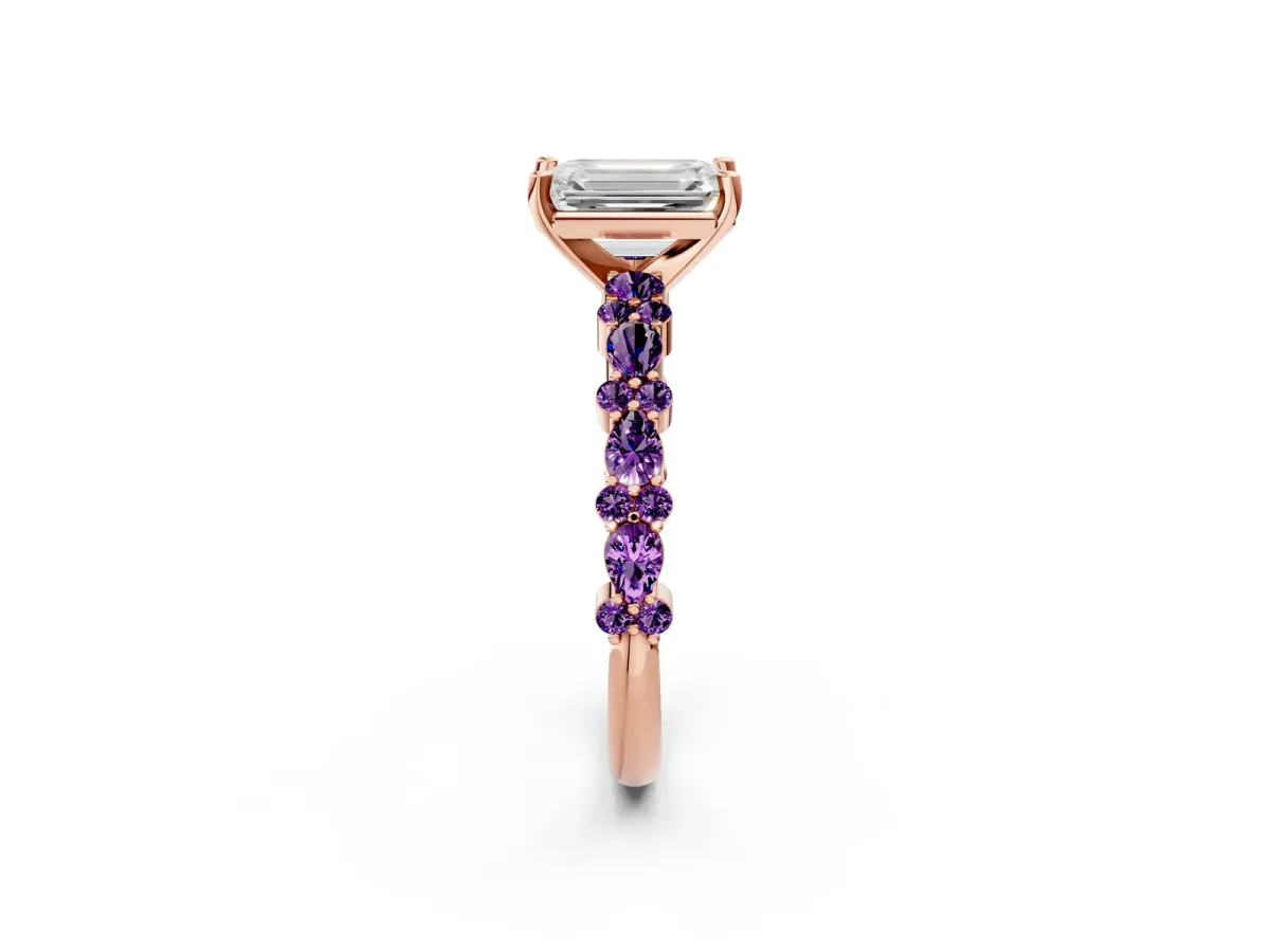 Emerald Cut Diamond Side Stone Solitaire Ring with Round Amethyst and Four-Prong Setting Rose gold