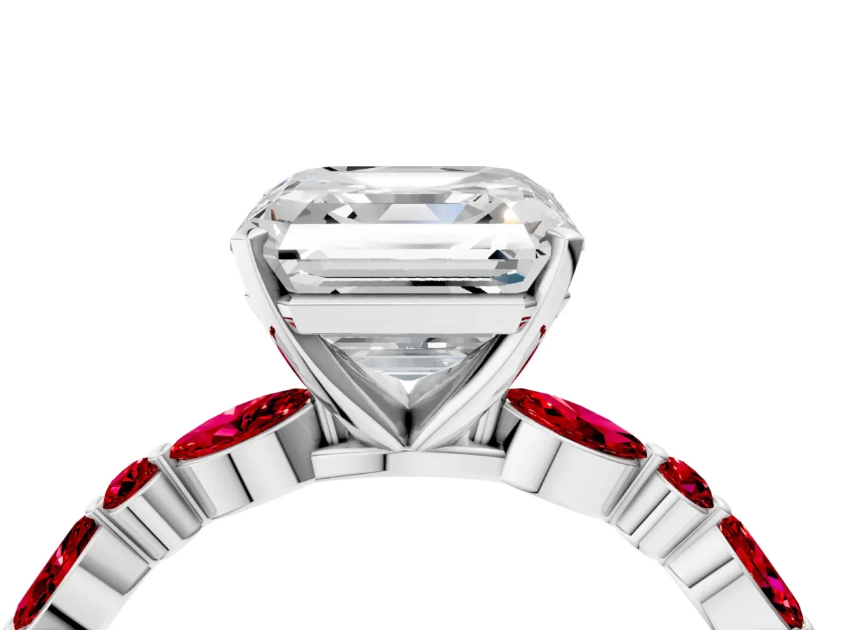Asscher Cut Diamond Ring with Marquise and Round Ruby Side Stones and Four-Prong Setting Silver