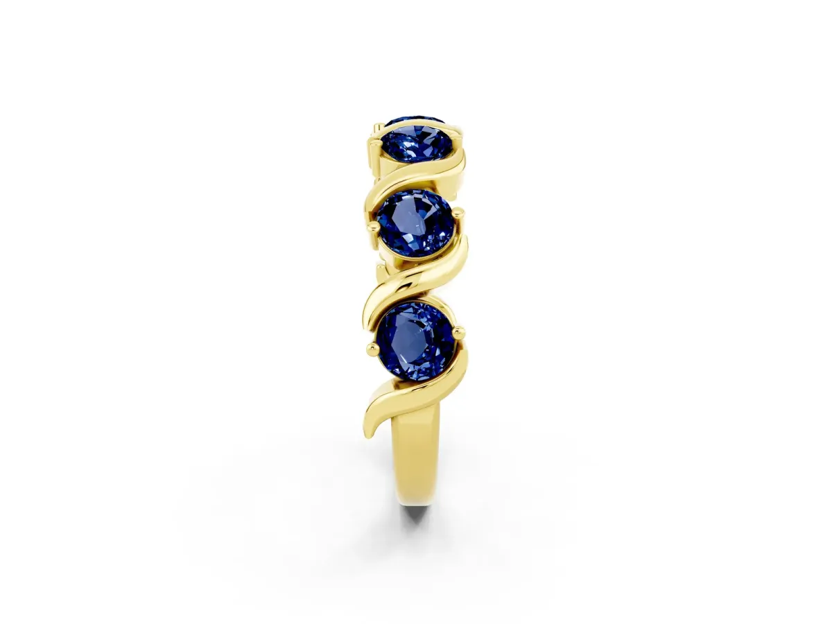 Round Blue Sapphire Half Eternity Band with Wave Prong Setting Yellow gold