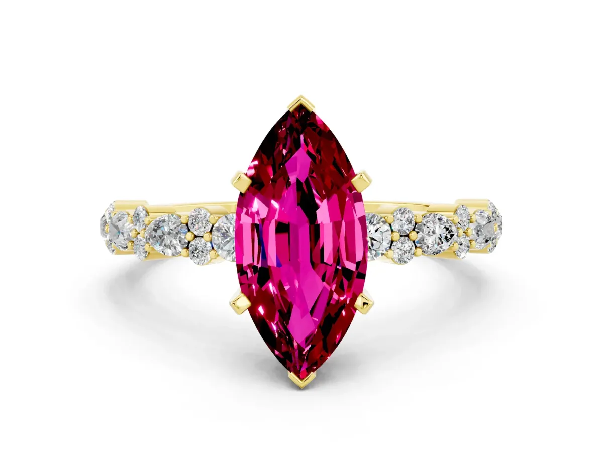 Marquise Cut Garnet Side Stone Solitaire Ring with Round and Four-Prong Setting Yellow gold