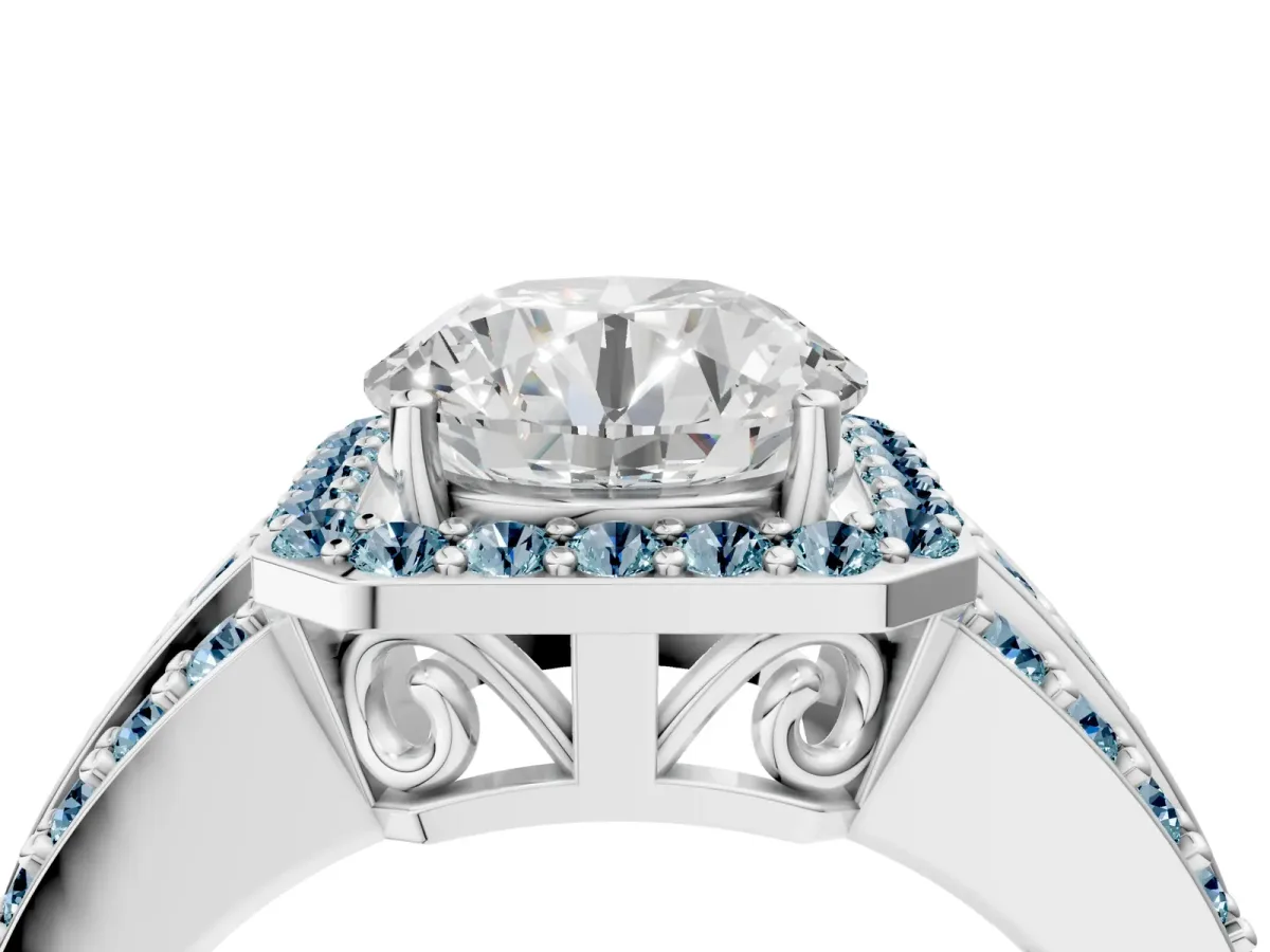 Round Cut Halo Diamond Ring with Round Aquamarine Split Shank and Prong Setting White gold
