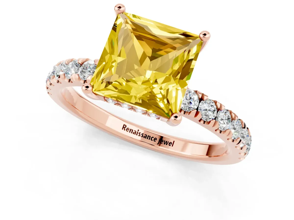 Princess Cut Yellow Sapphire Pave Band Solitaire Ring with Round and Prong Setting Rose gold