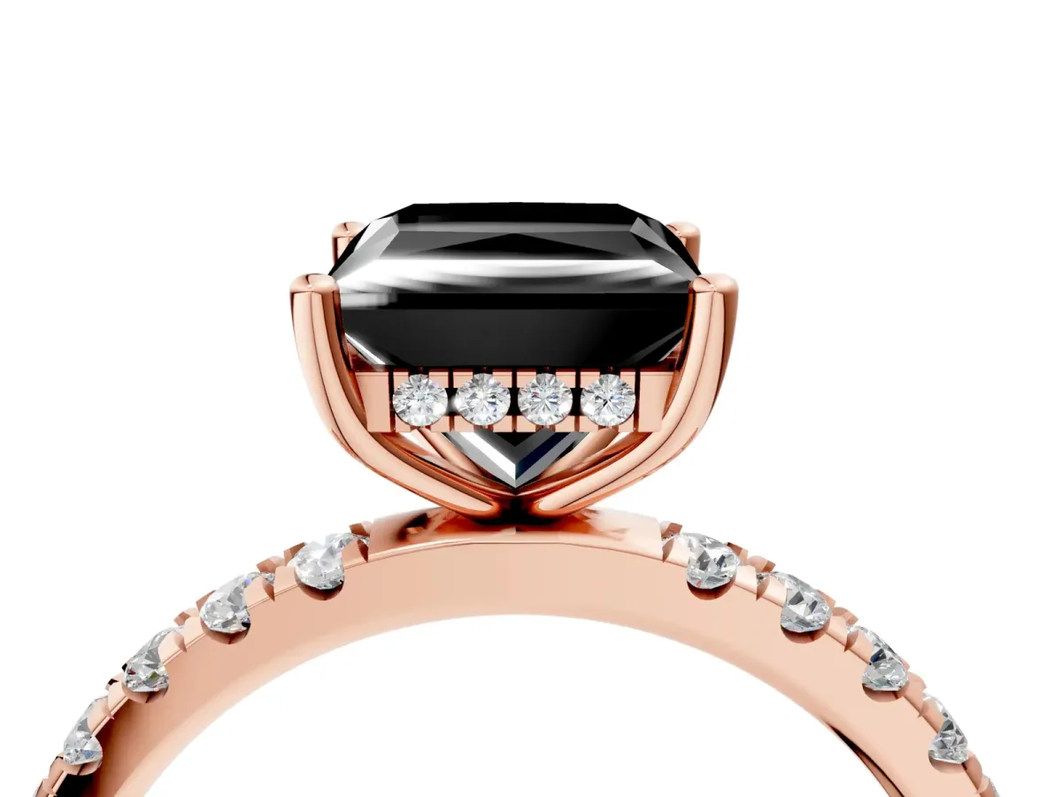 Fancy Black Princess Cut Diamond Pave Band Solitaire Ring with Round and Prong Setting Rose gold