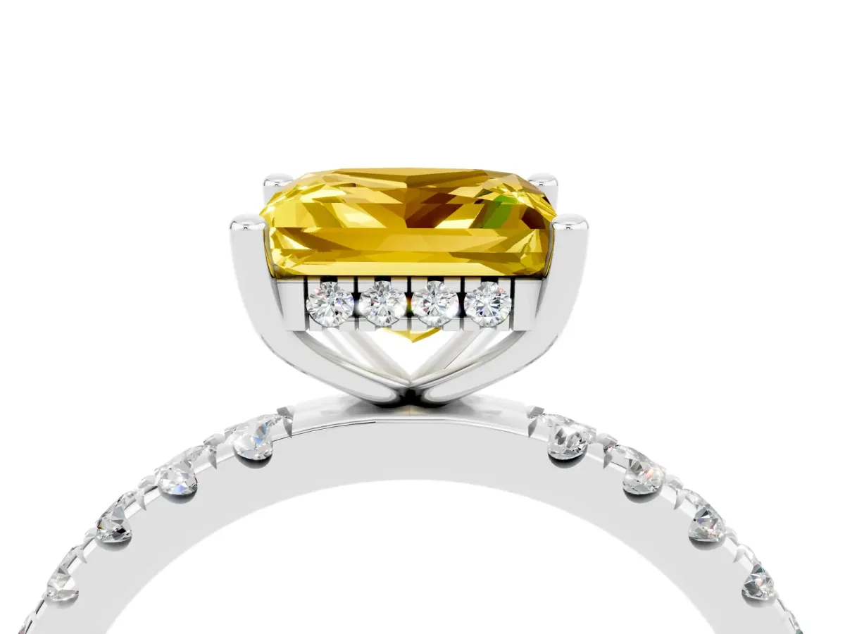 Princess Cut Yellow Sapphire Pave Band Solitaire Ring with Round and Prong Setting Platinum