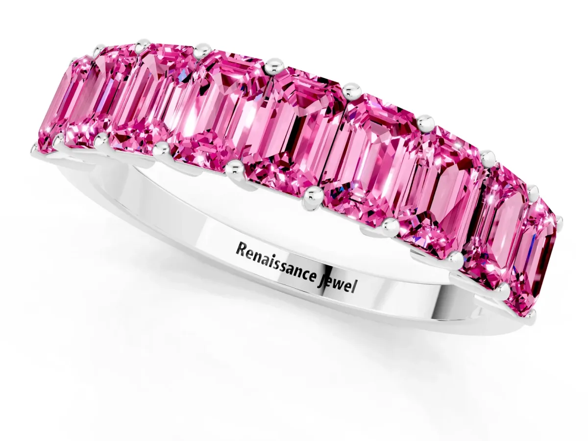 Emerald Cut Pink Sapphire Prong-Set Eternity Band Platinum