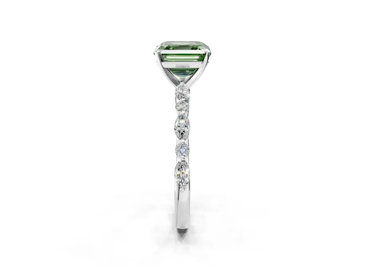Fancy Green Asscher Cut Diamond Ring with Marquise and Round Side Stones and Four-Prong Setting Silver