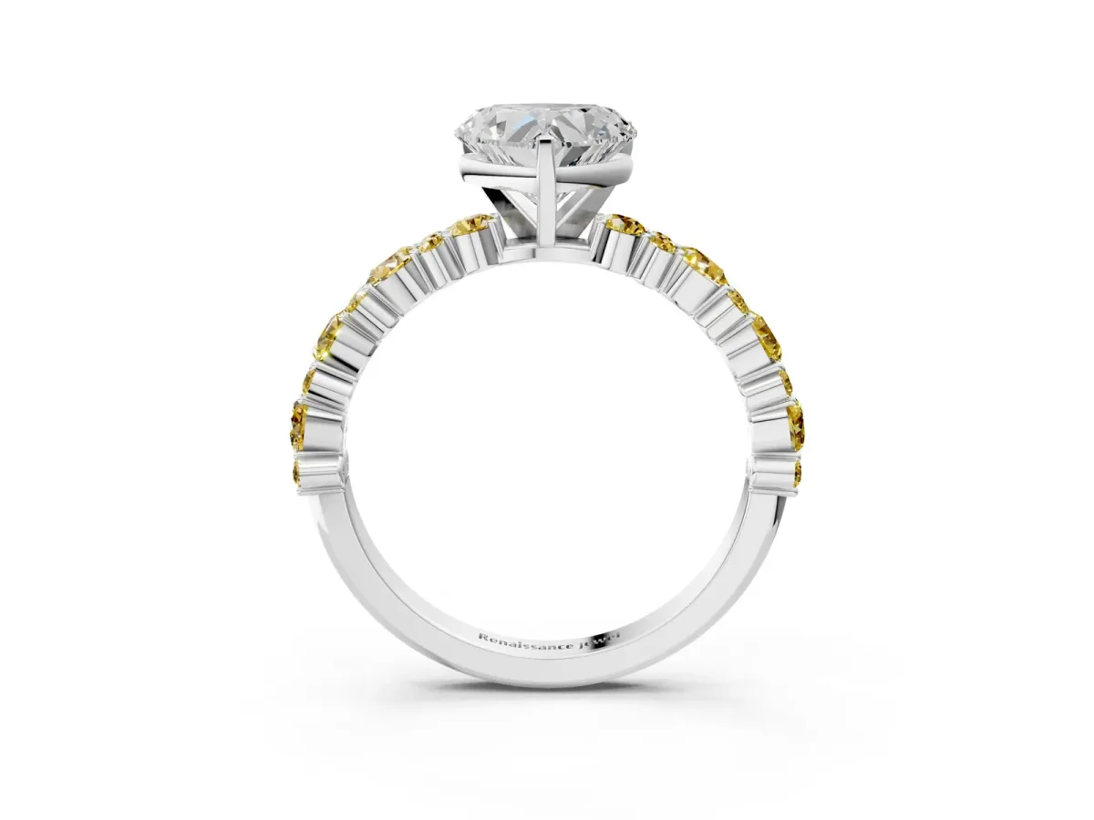 Heart Cut Diamond Side Stone Solitaire Ring with Round Yellow Sapphire and Four-Prong Setting Platinum