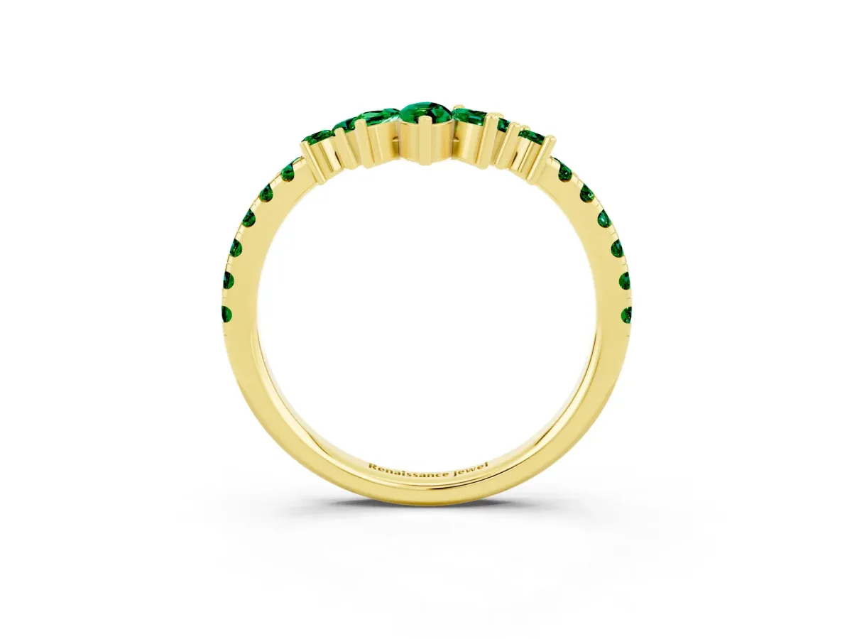 Chevron Marquise and Round Emerald Open Band with Prong Setting Yellow gold