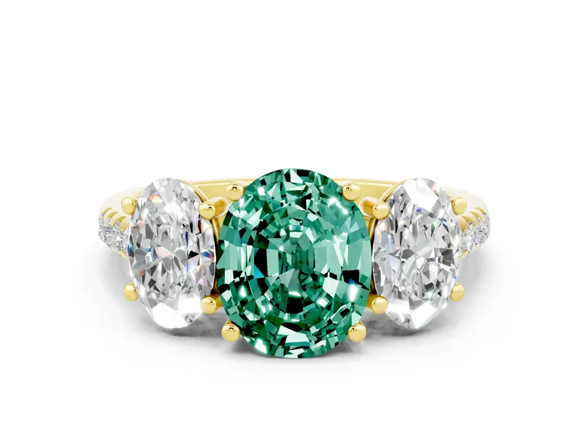 Three-Stone Oval Cut Green Sapphire Ring with Round Pavé Band and Prong Setting Yellow gold