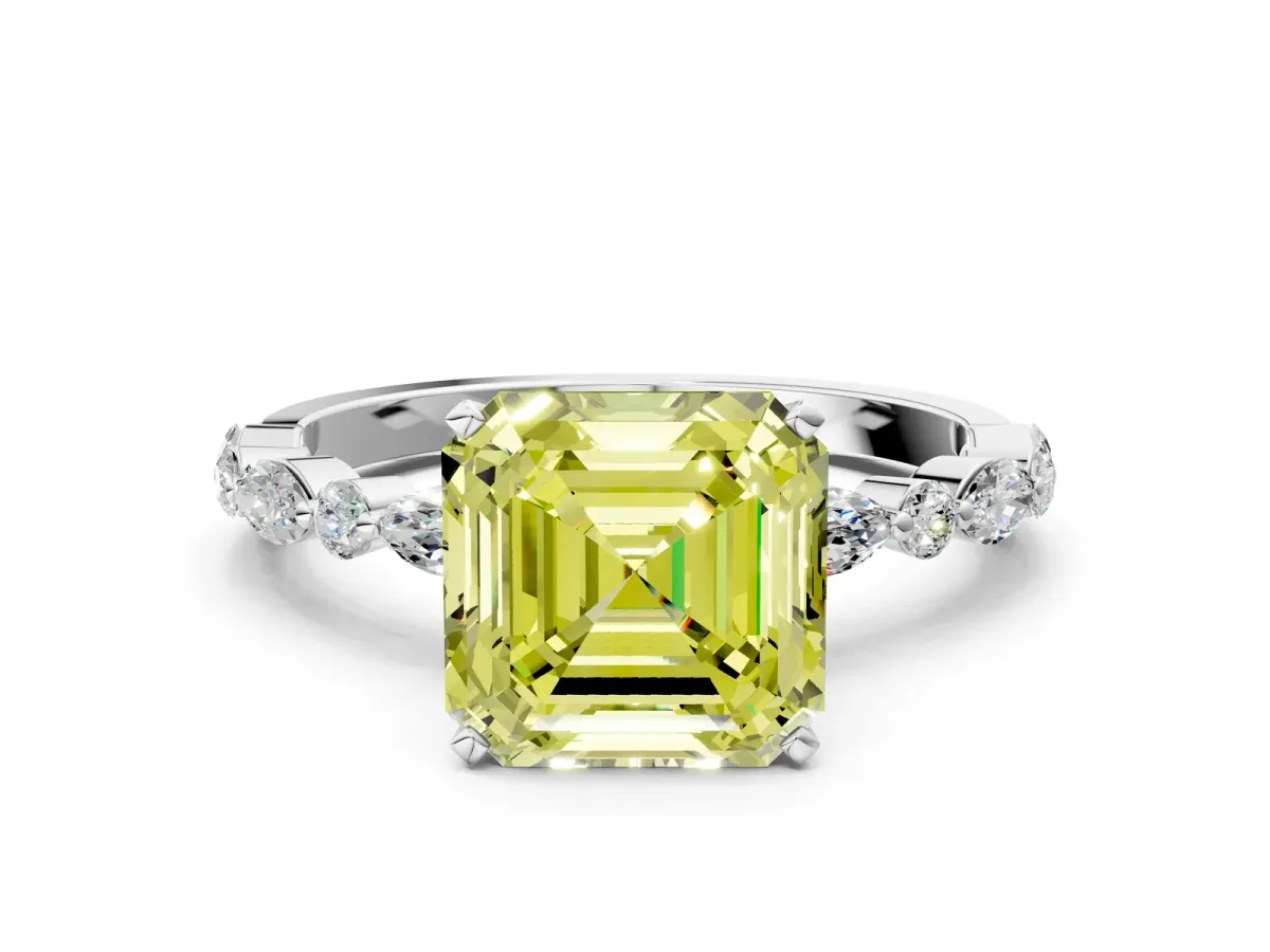 Fancy Yellow Asscher Cut Diamond Ring with Marquise and Round Side Stones and Four-Prong Setting Platinum