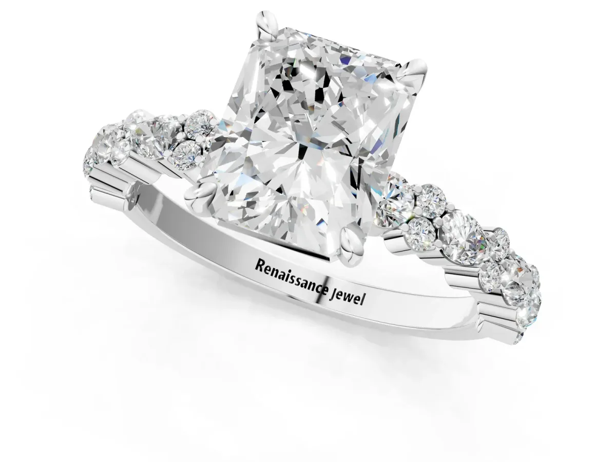 Radiant Cut Diamond Side Stone Solitaire Ring with Round Moissanite and Four-Prong Setting Platinum