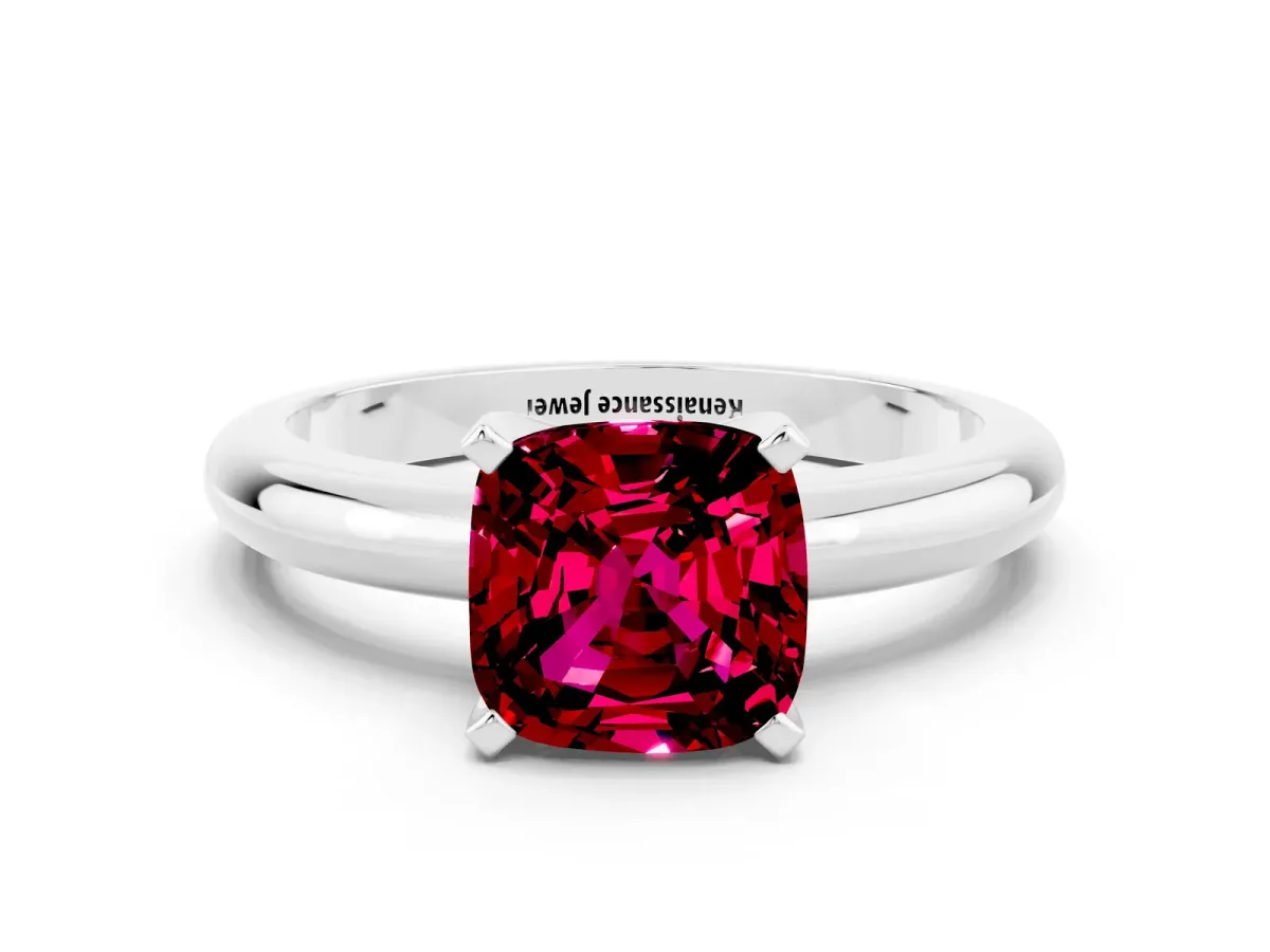 Cushion Cut Garnet Solitaire Engagement Ring with Round Band and Four-Prong Setting Silver